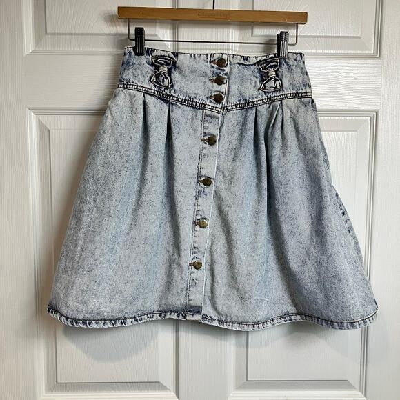 VTG Acid Wash Pleated Button Front Midi Denim Skirt Bow Detail Size 11/12 - Picture 1 of 16